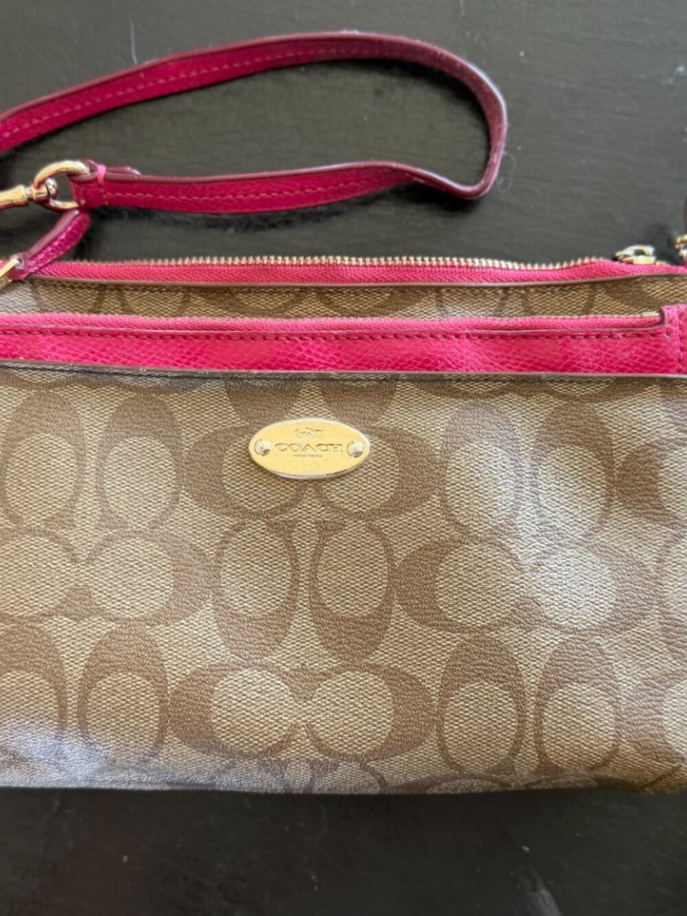 Coach Signature Wristlet Brown Monogram Pink Trim Zip Clutch - Picture 4 of 14